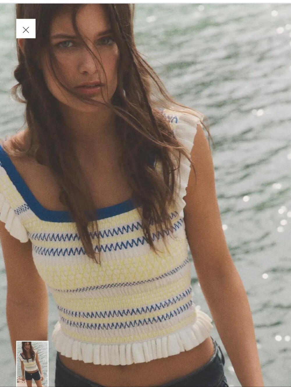 Blue and Cream Smocked Ruffle Tank Top - Women's Swim - Picture 1 of 11
